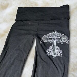 Urban Weekend Y2K Black Flare Pants Grunge Cross Embroidered Low Rise Small